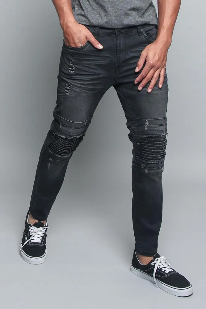 Distressed Scrunched Knee Biker Jeans