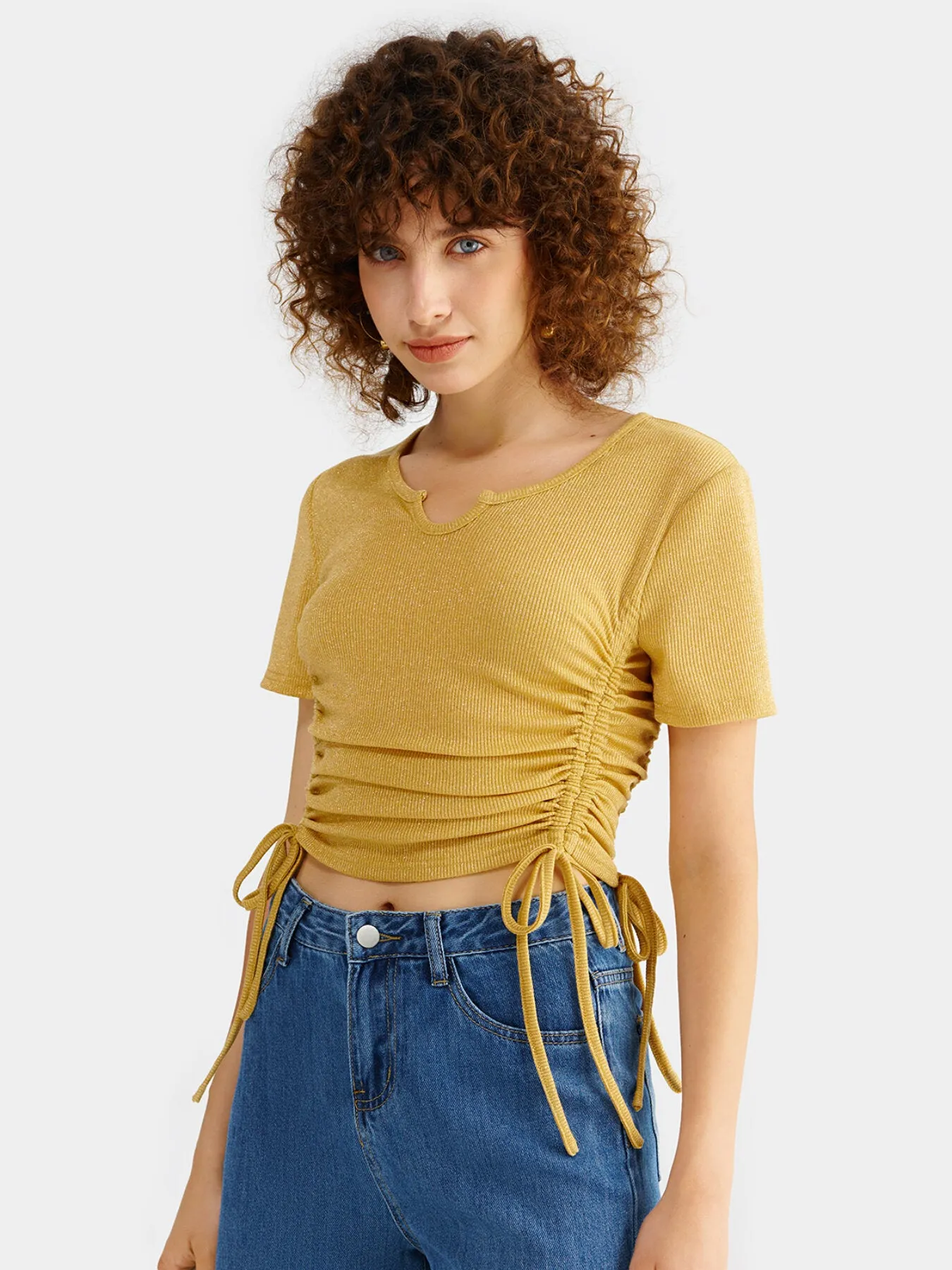 Drawstring Ruched Notched Crop Top