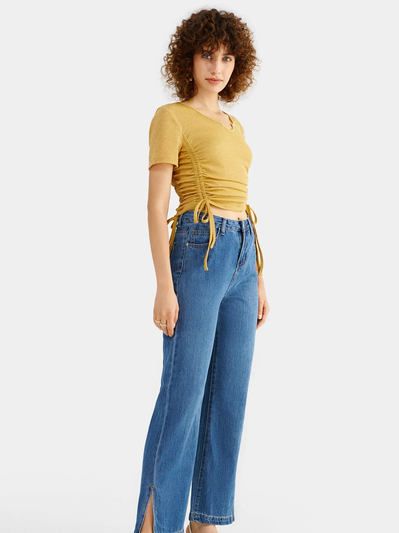 Drawstring Ruched Notched Crop Top