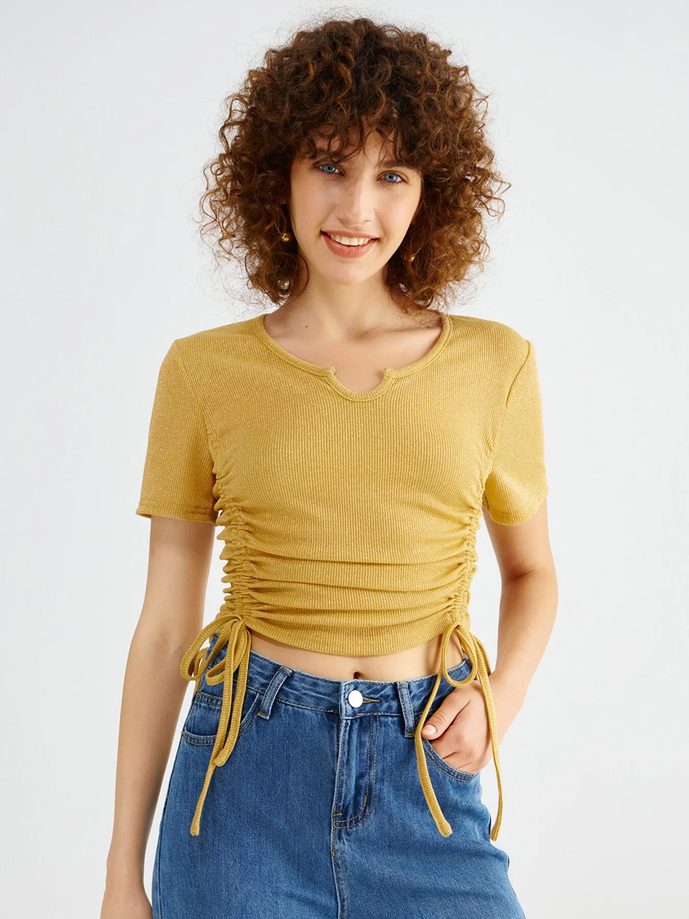 Drawstring Ruched Notched Crop Top