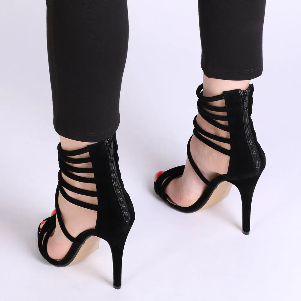 Ellie Strappy Heels In Black Faux Suede