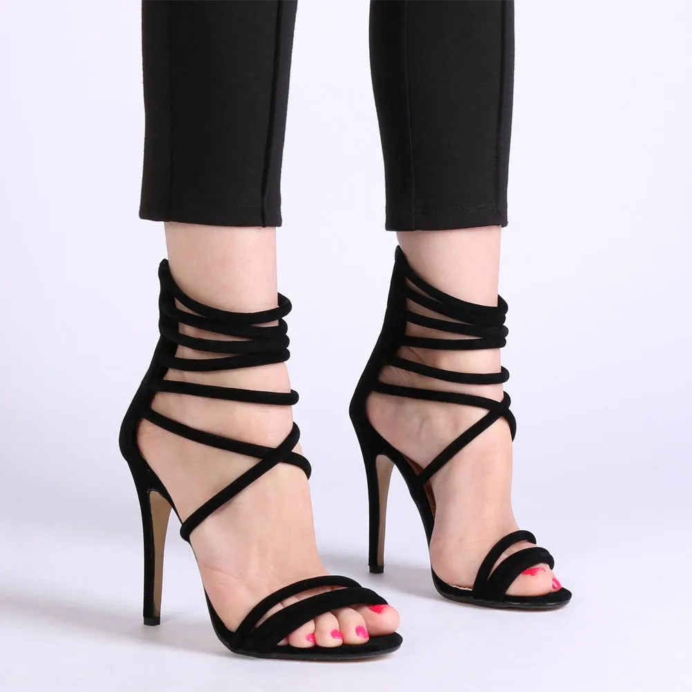 Ellie Strappy Heels In Black Faux Suede