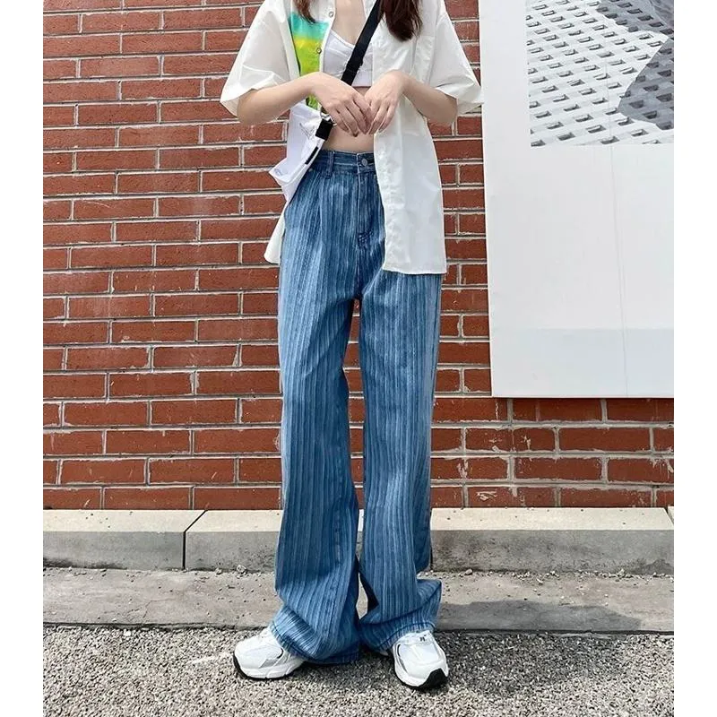 Floor-Length Pleated Loose Fit Straight Stripe High-Waisted Wide-Leg Jeans