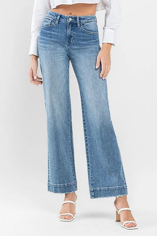 Flying Monkey High Rise Wide Leg Jeans with Trouser Hem Detail