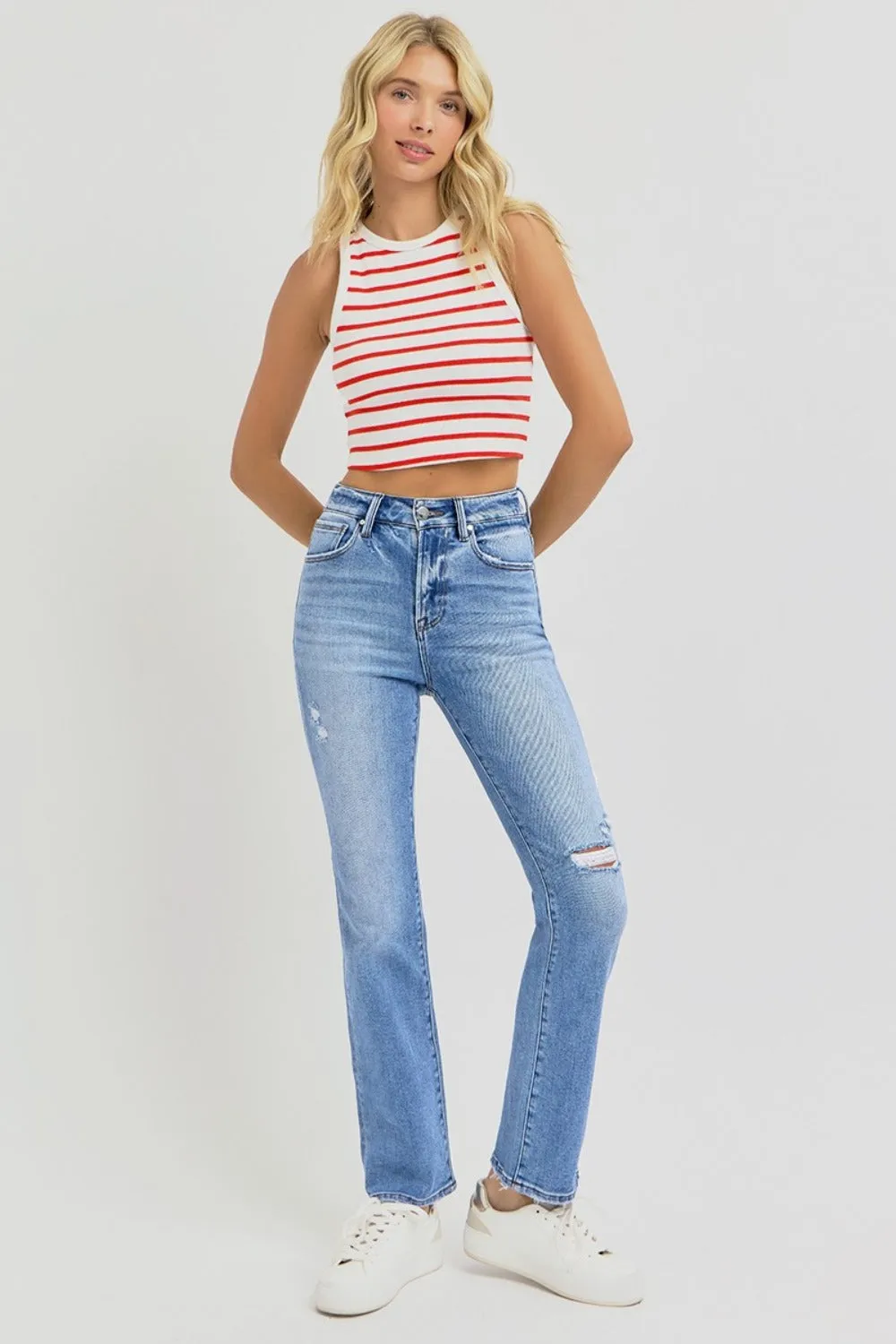 Full Size Distressed High-Rise Ankle Straight Jeans