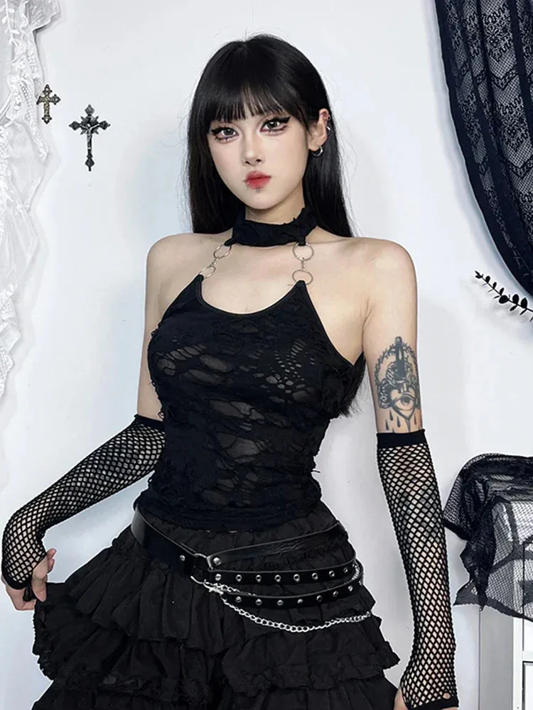 Gothic Crop Y2K Cyberpunk Halter Backless Top