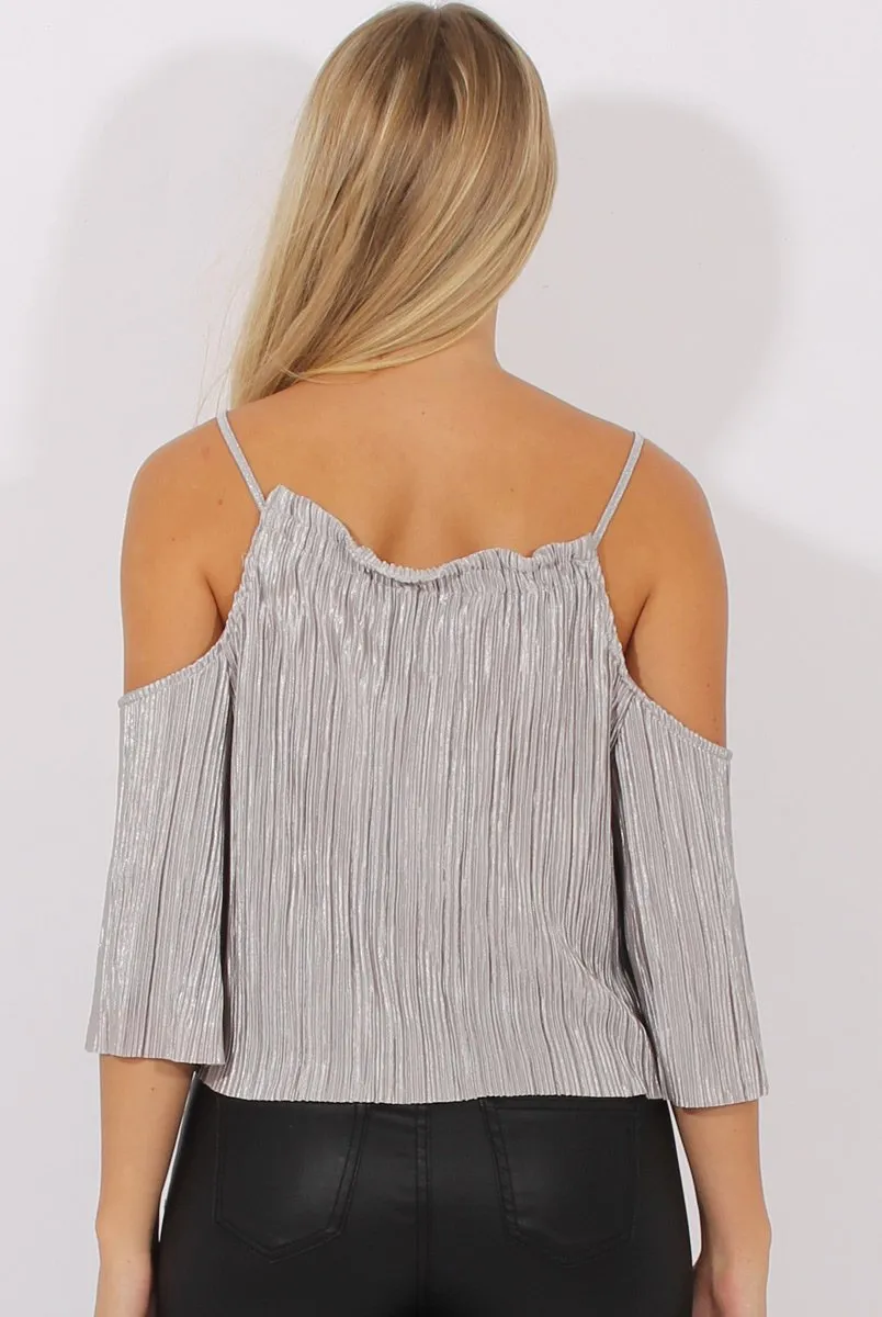 Grey Metallic Pleated Drawstring Halter Cold Shoulder Top - Dixie