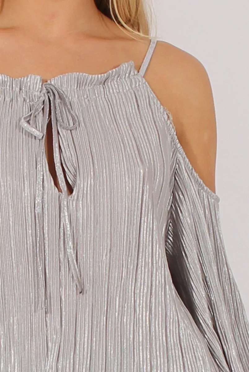 Grey Metallic Pleated Drawstring Halter Cold Shoulder Top - Dixie