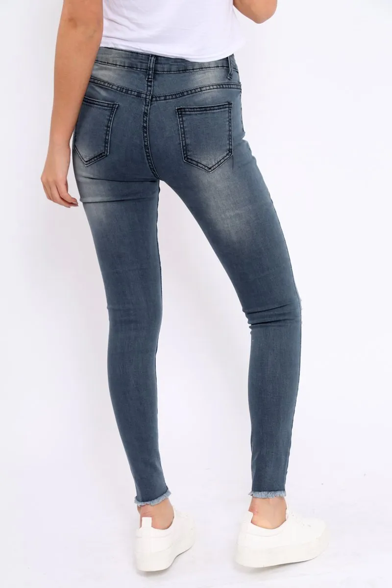 Grey Ripped Knees Skinny Jeans - Adelai