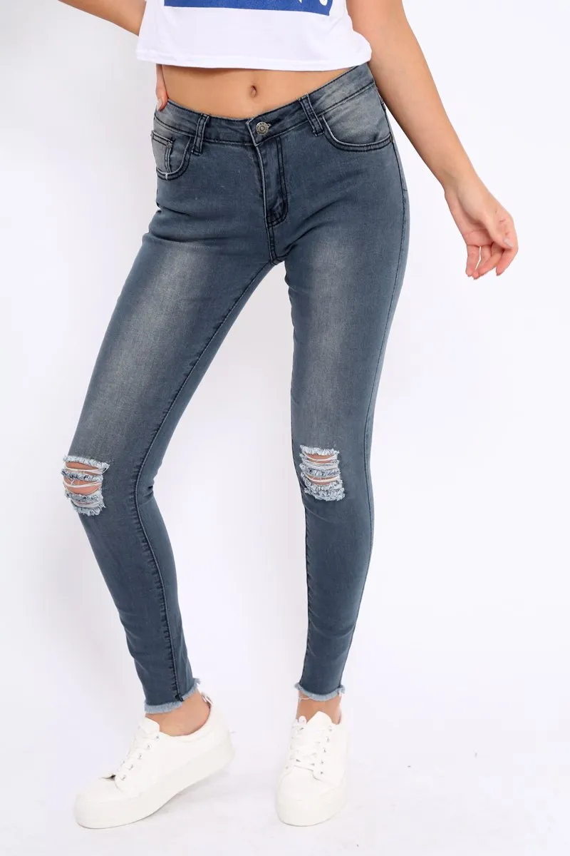 Grey Ripped Knees Skinny Jeans - Adelai