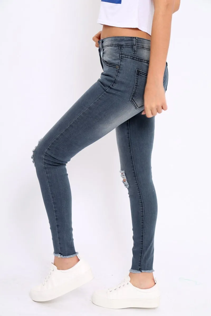 Grey Ripped Knees Skinny Jeans - Adelai