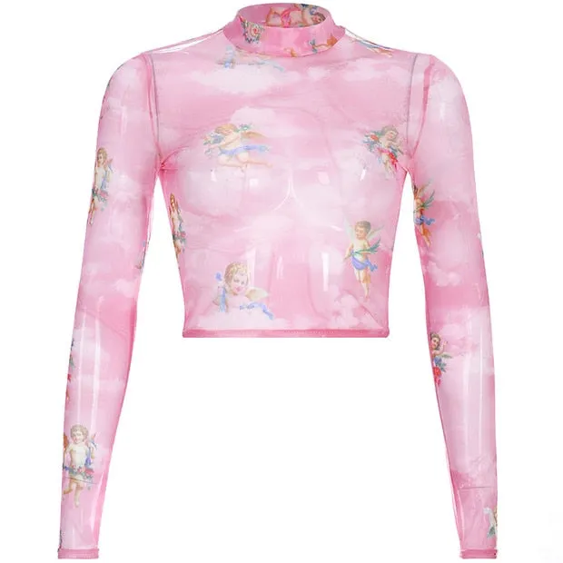 Harajuku Mesh Crop Top Vintage Kawaii Graphic Sexy See Through Turtleneck Long Sleeve