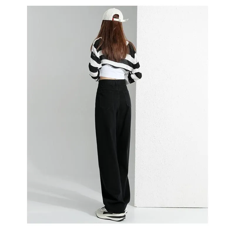 High-Waisted Floor-Length Retro Straight Wide-Leg Jeans