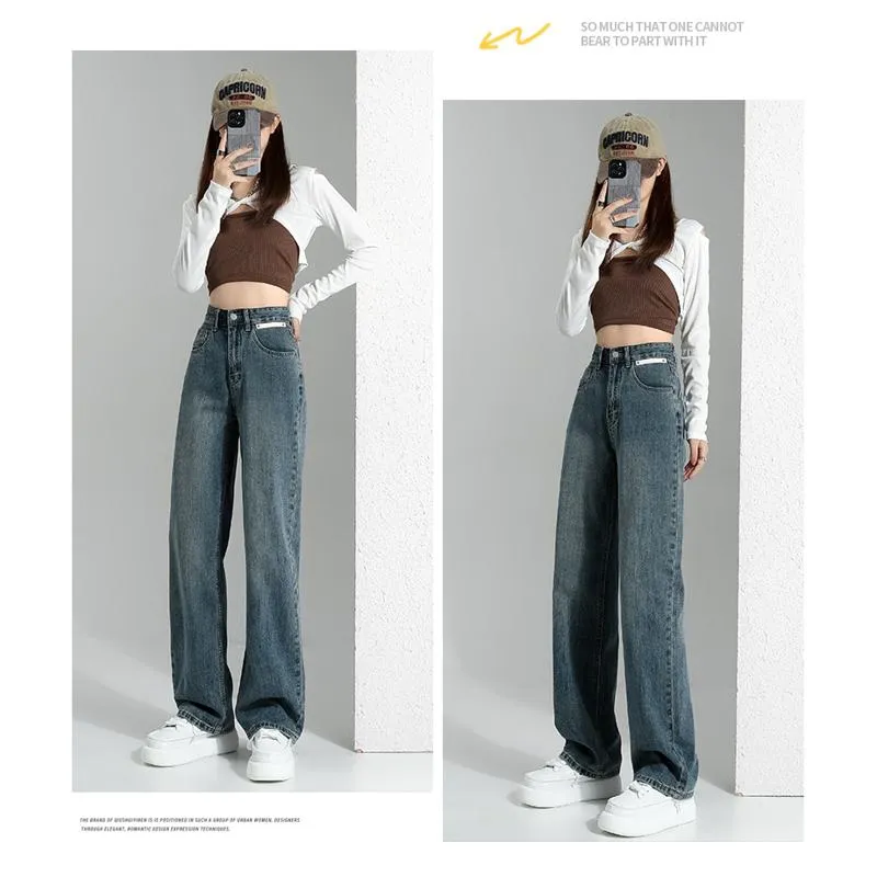 High-Waisted Floor-Length Retro Straight Wide-Leg Jeans