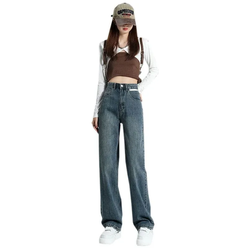 High-Waisted Floor-Length Retro Straight Wide-Leg Jeans