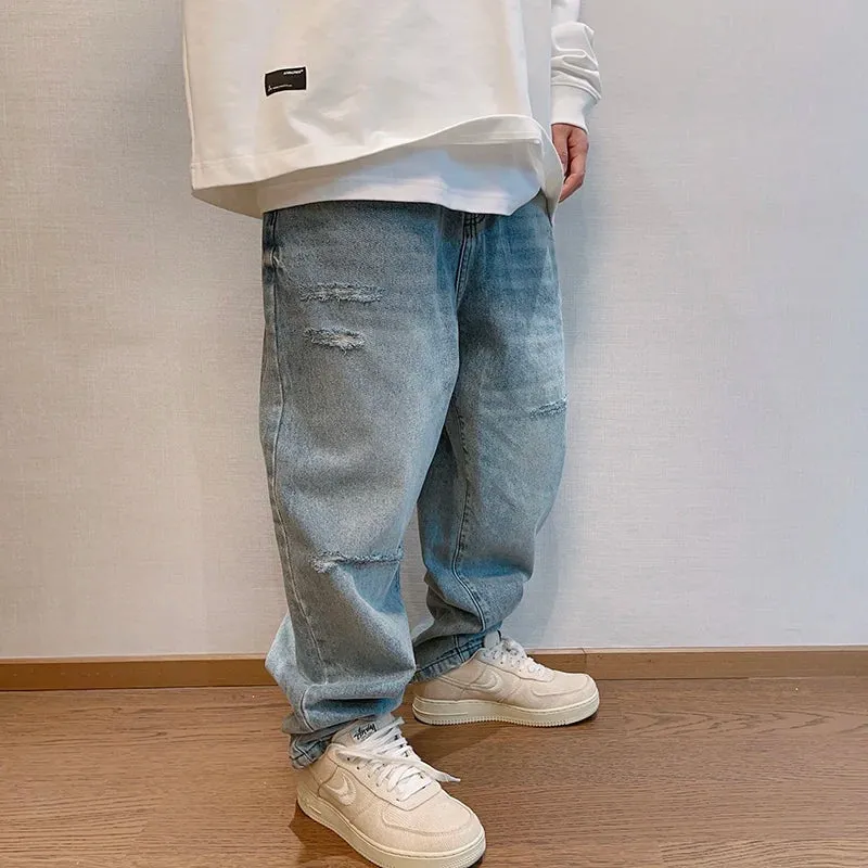 Korean Ripped Baggy Jeans Men Clothing Straight-Leg Denim Cargo Pants