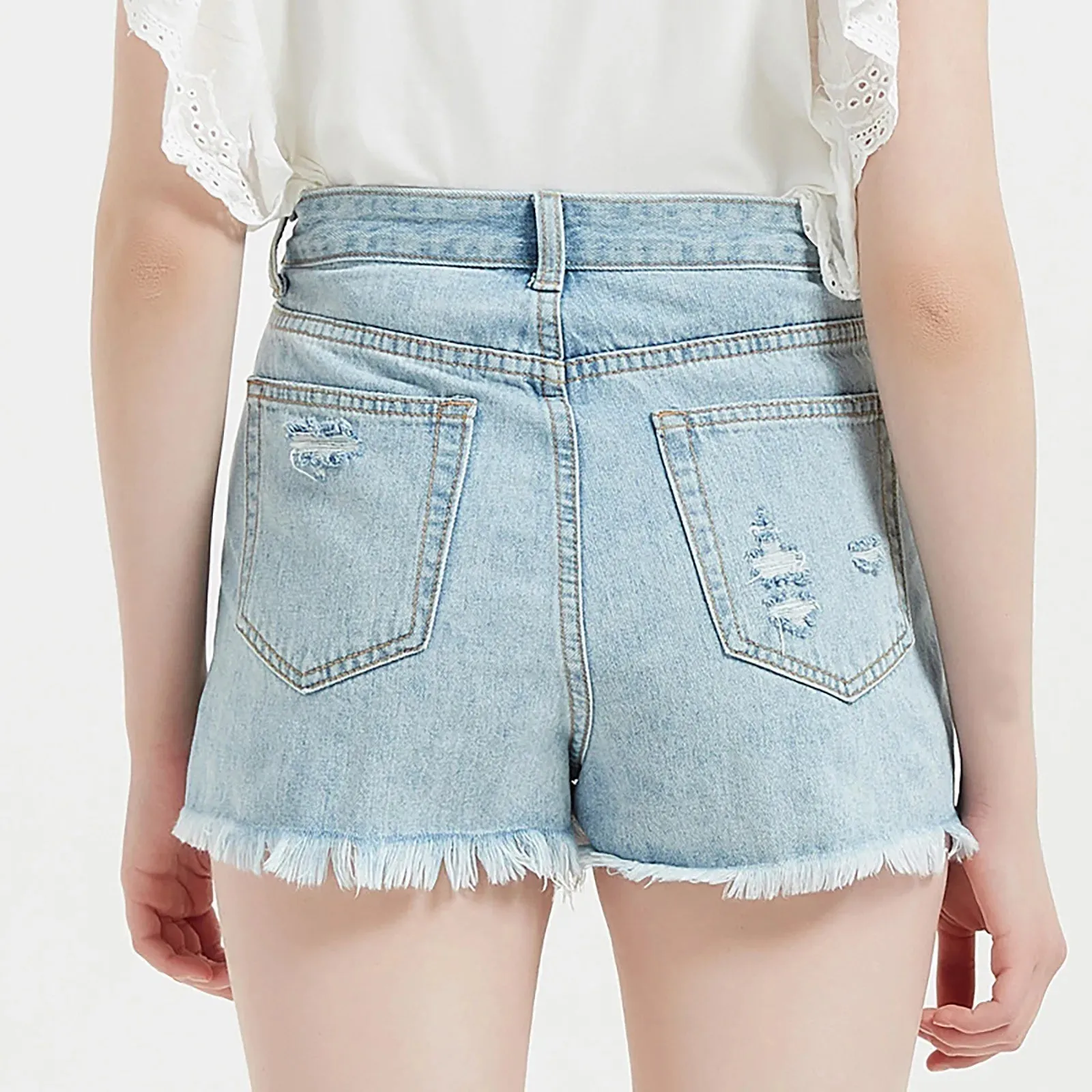 Korean Style High Waist Zipper Denim Jeans with Ripped Holes