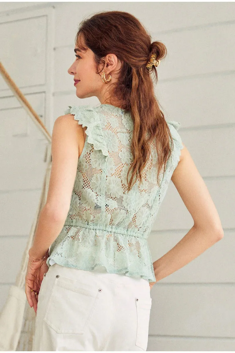 Lace Embroidery Ruffled Hollow Out O-neck Peplum Summer Style White Tops