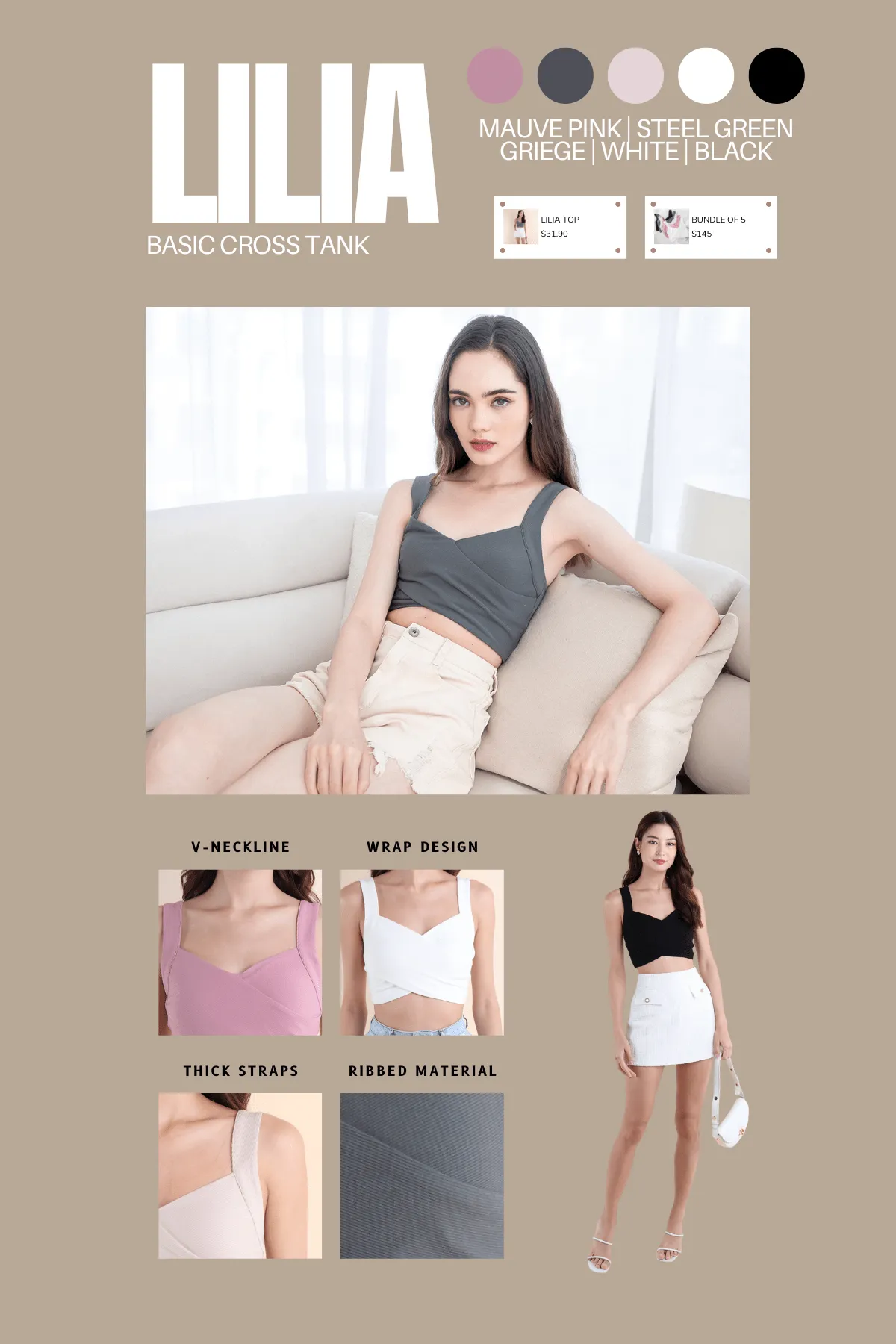 LILIA BASIC CROSS TANK IN GREIGE