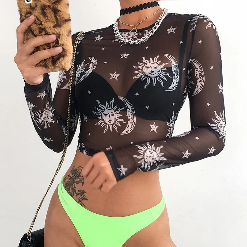 Moon And Galaxy Print Mesh Gothic Crop Top Knitted Slim Transparent Sexy Long Sleeve