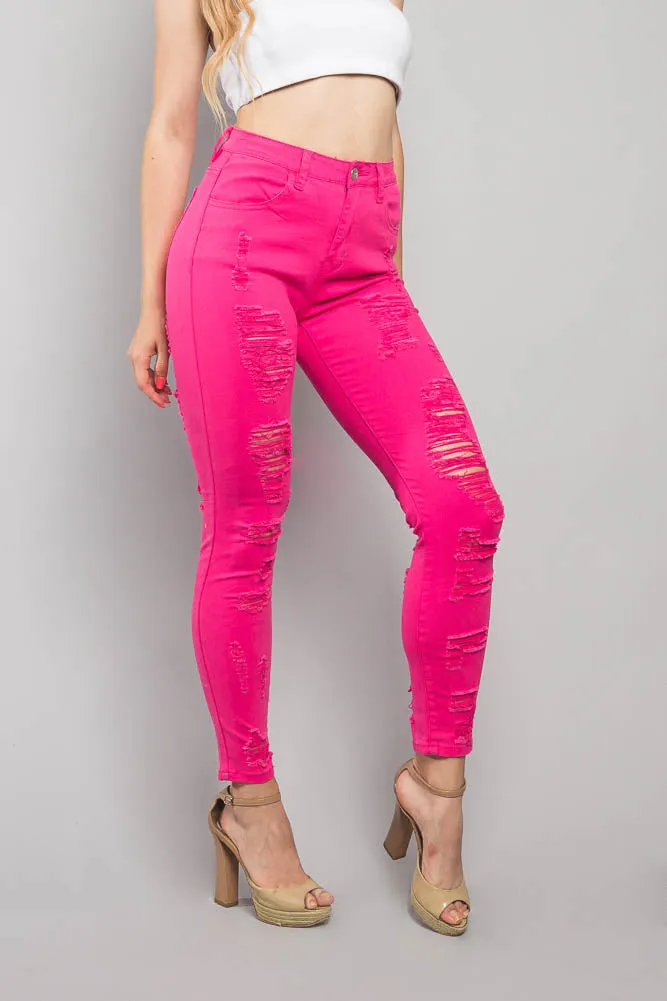 Neon Double Distressed Skinny Jeans