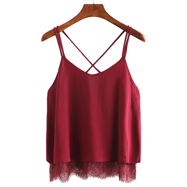 New Arrival Plain Wine Red Spaghetti Strap Lace Chiffon Camisole Cami Tank Top Korean 2017 Summer Female Blusa Cropped Feminino