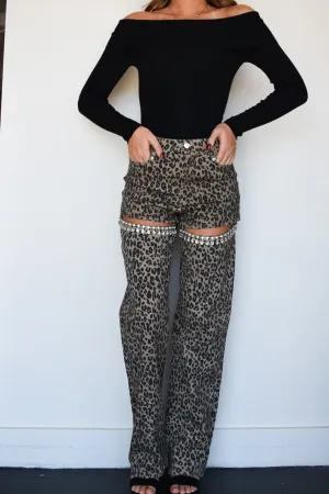 Rhinestone Cut Out Denim - Leopard