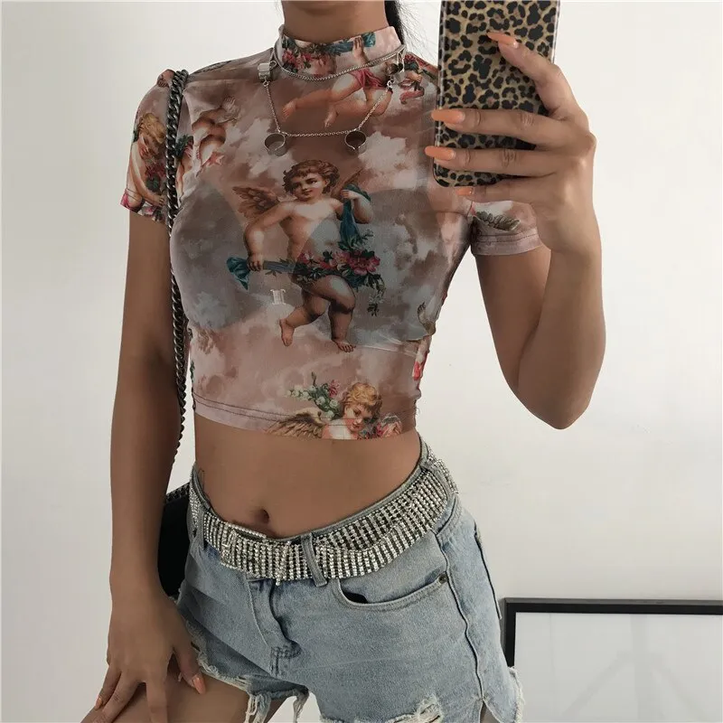 Sexy Transparent Short Sleeve Greek Mythology Print Cute Graphic Summer Tops