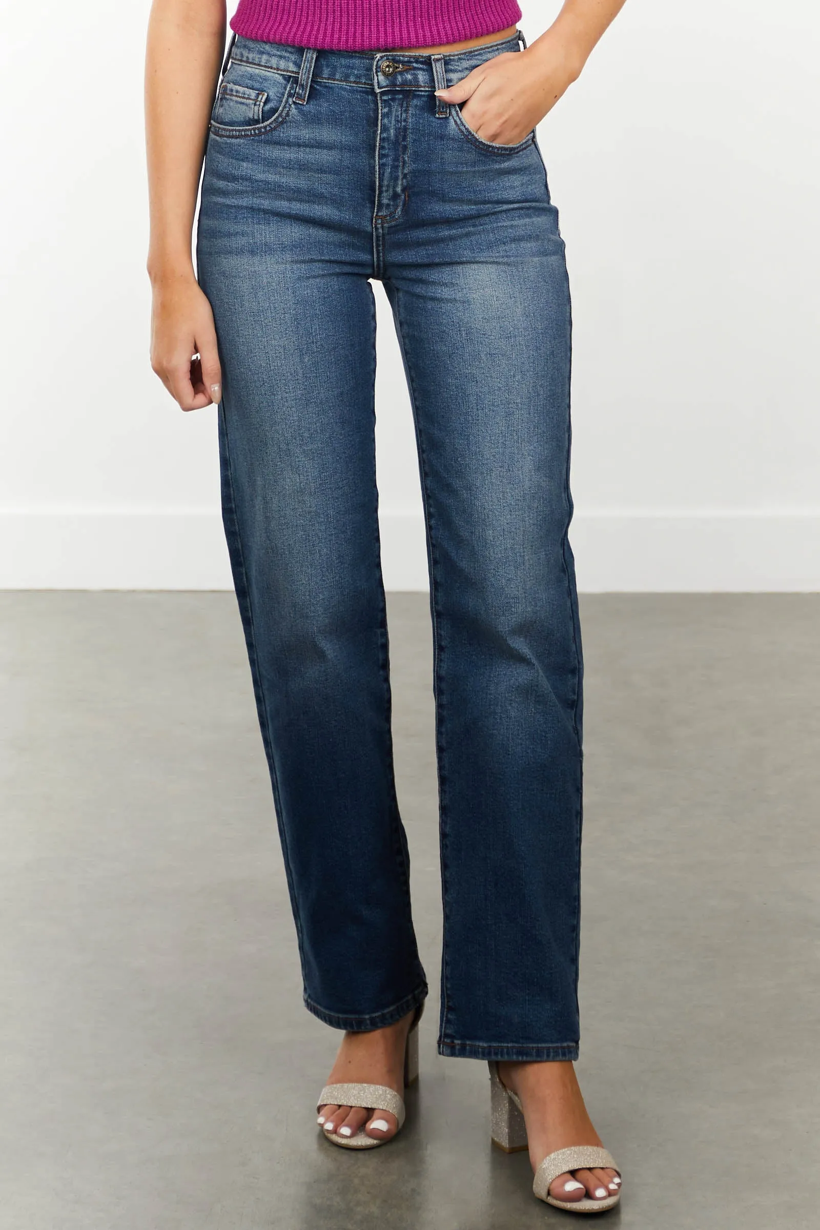 Sneak Peek Medium Vintage Wash High Waisted Straight Jeans