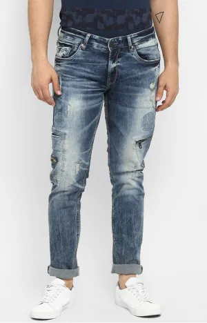 Spykar Men Vintage Blue Ripped Skinny Fit Jeans