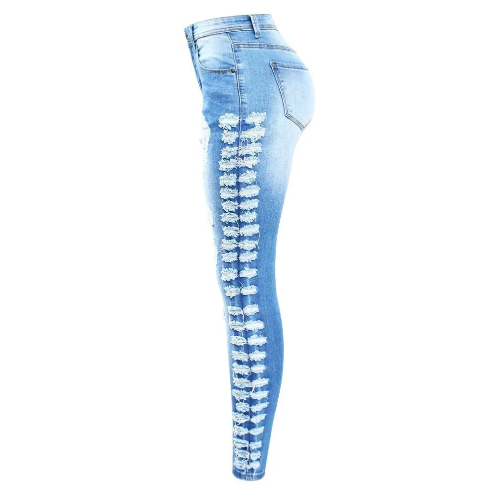 Stretchy Ripped Jeans Distressed Denim Skinny Pencil Trouser For Women