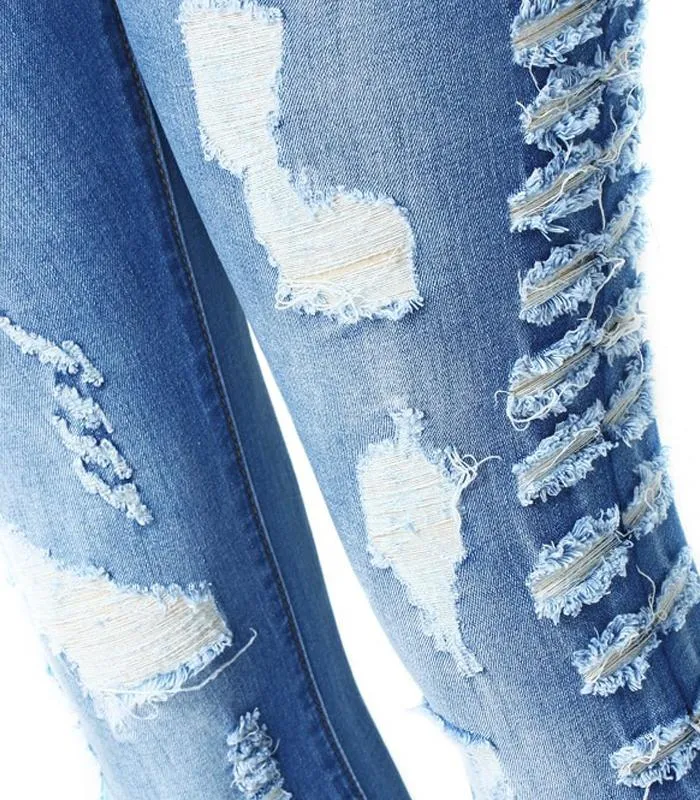 Stretchy Ripped Jeans Distressed Denim Skinny Pencil Trouser For Women