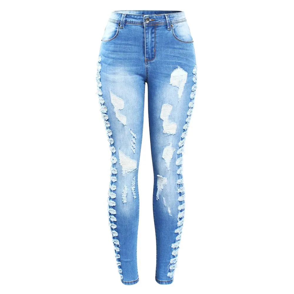 Stretchy Ripped Jeans Distressed Denim Skinny Pencil Trouser For Women