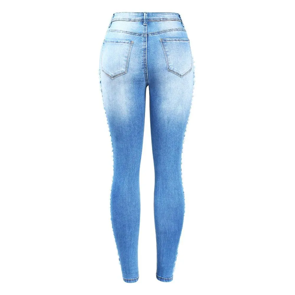 Stretchy Ripped Jeans Distressed Denim Skinny Pencil Trouser For Women