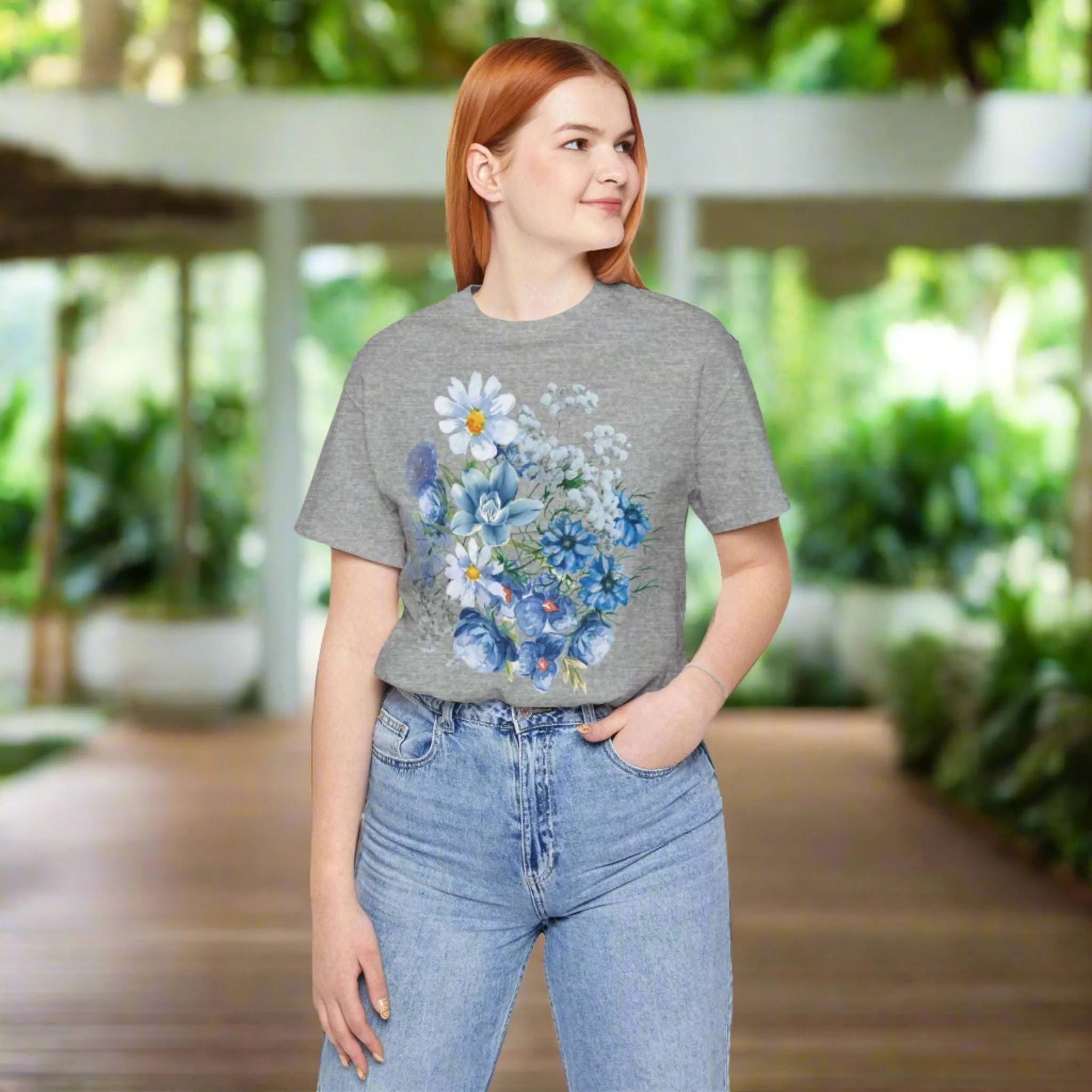 Unisex Vintage Gardening Style Blue Flower Jersey Short Sleeve Tee