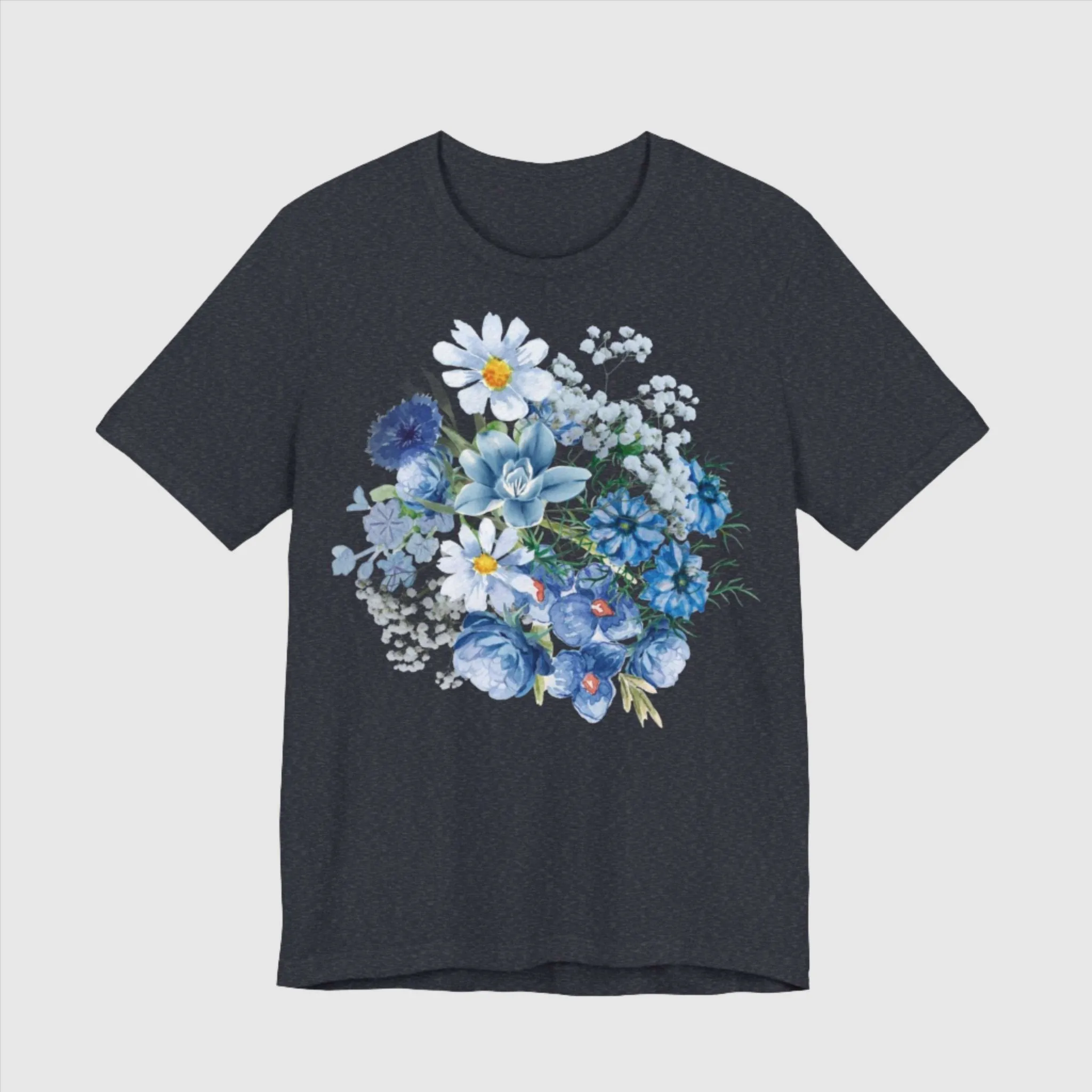 Unisex Vintage Gardening Style Blue Flower Jersey Short Sleeve Tee