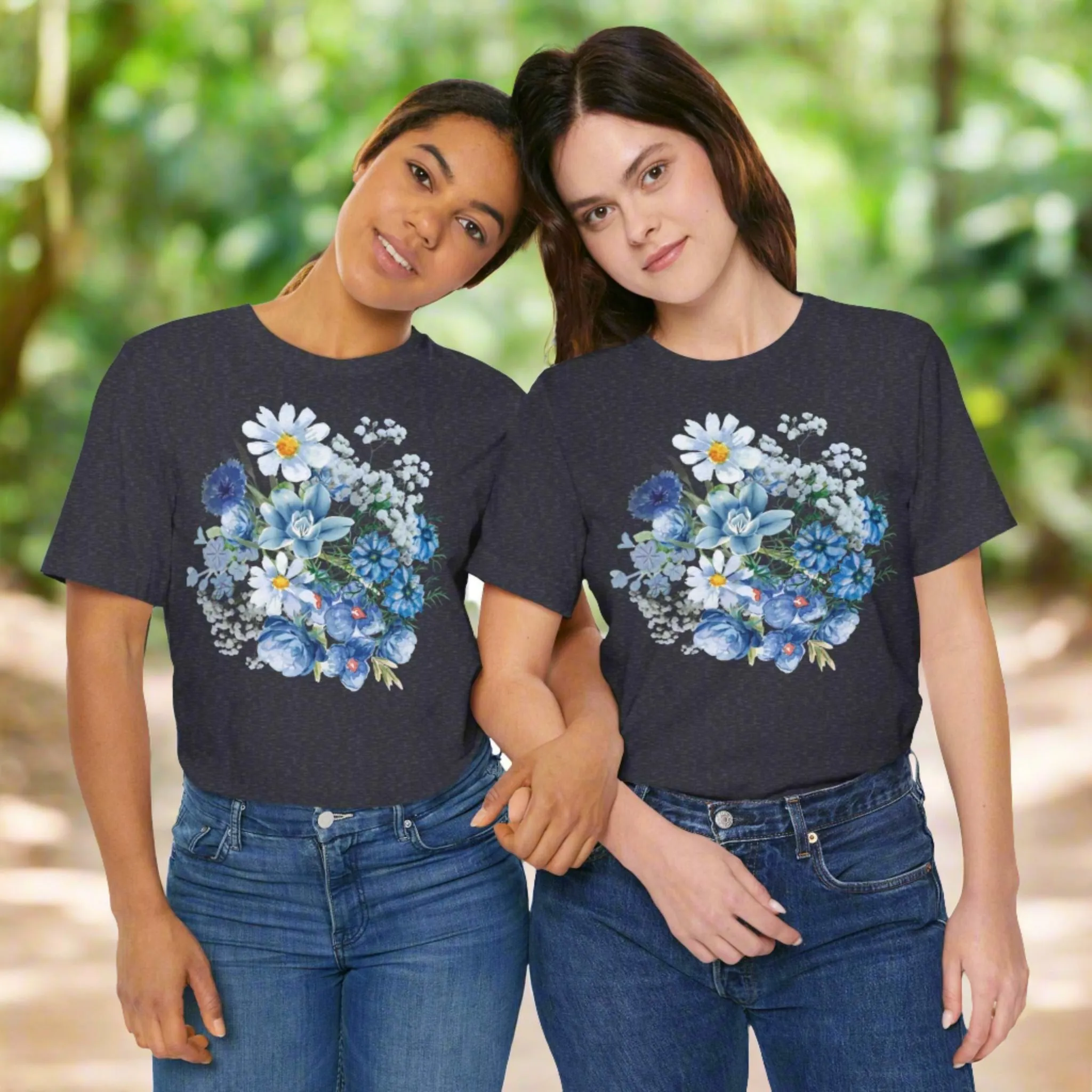 Unisex Vintage Gardening Style Blue Flower Jersey Short Sleeve Tee