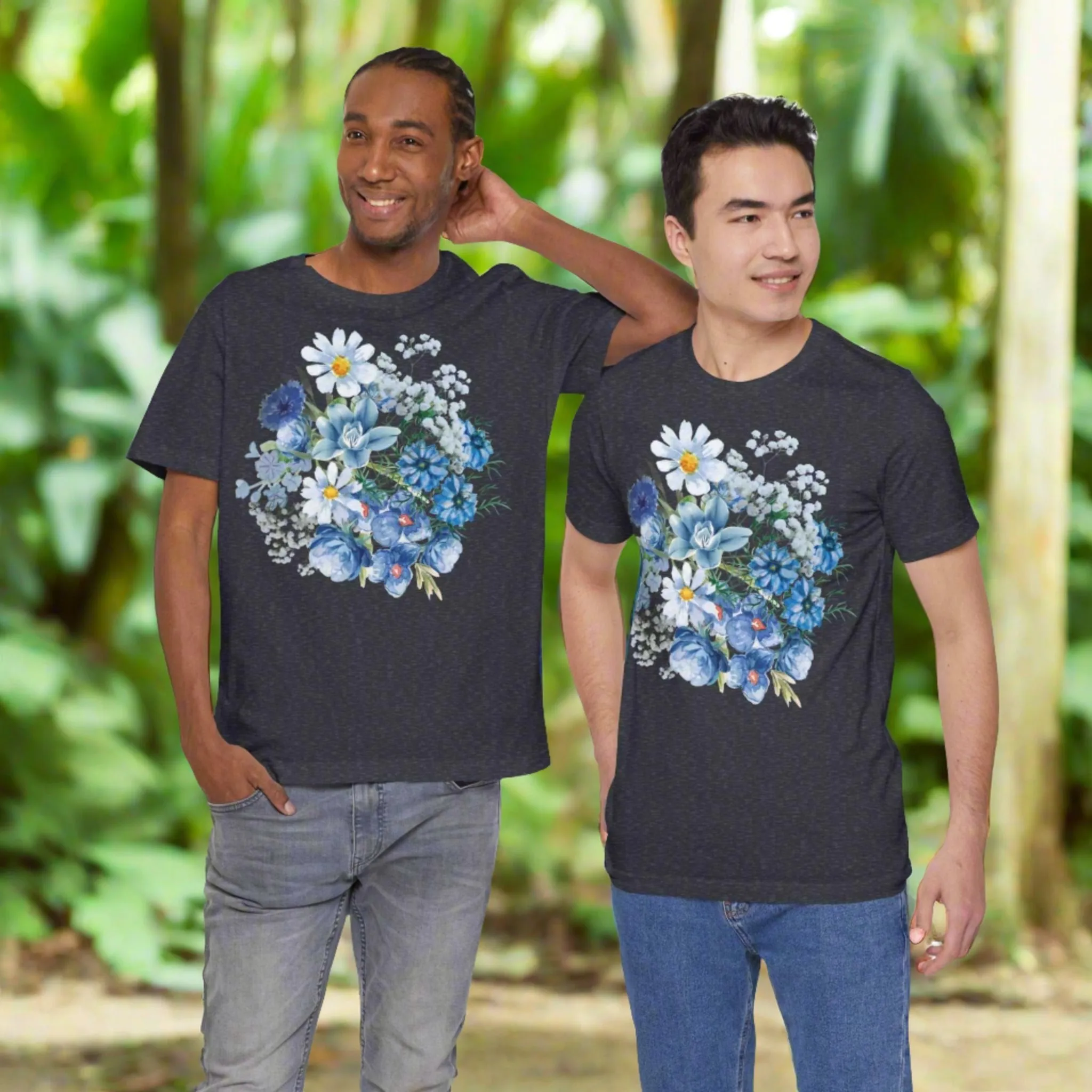 Unisex Vintage Gardening Style Blue Flower Jersey Short Sleeve Tee