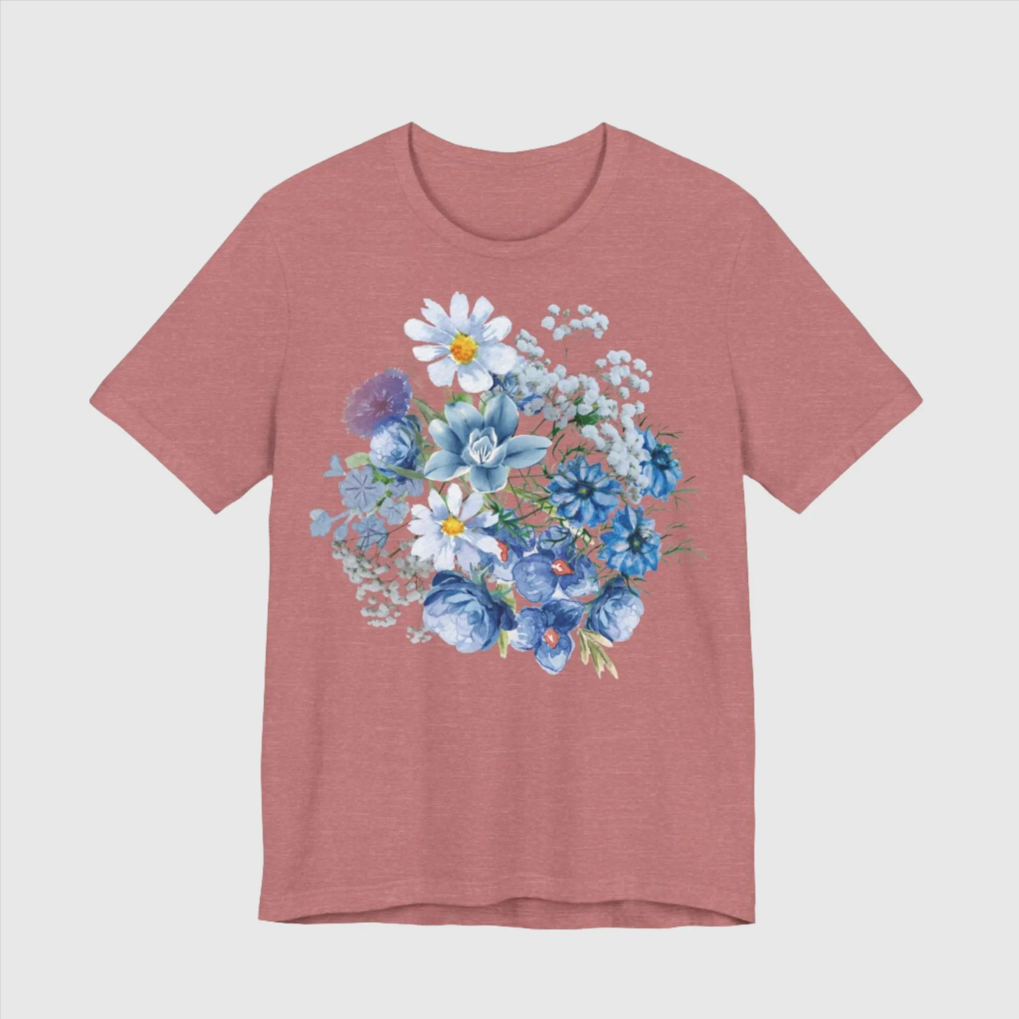 Unisex Vintage Gardening Style Blue Flower Jersey Short Sleeve Tee