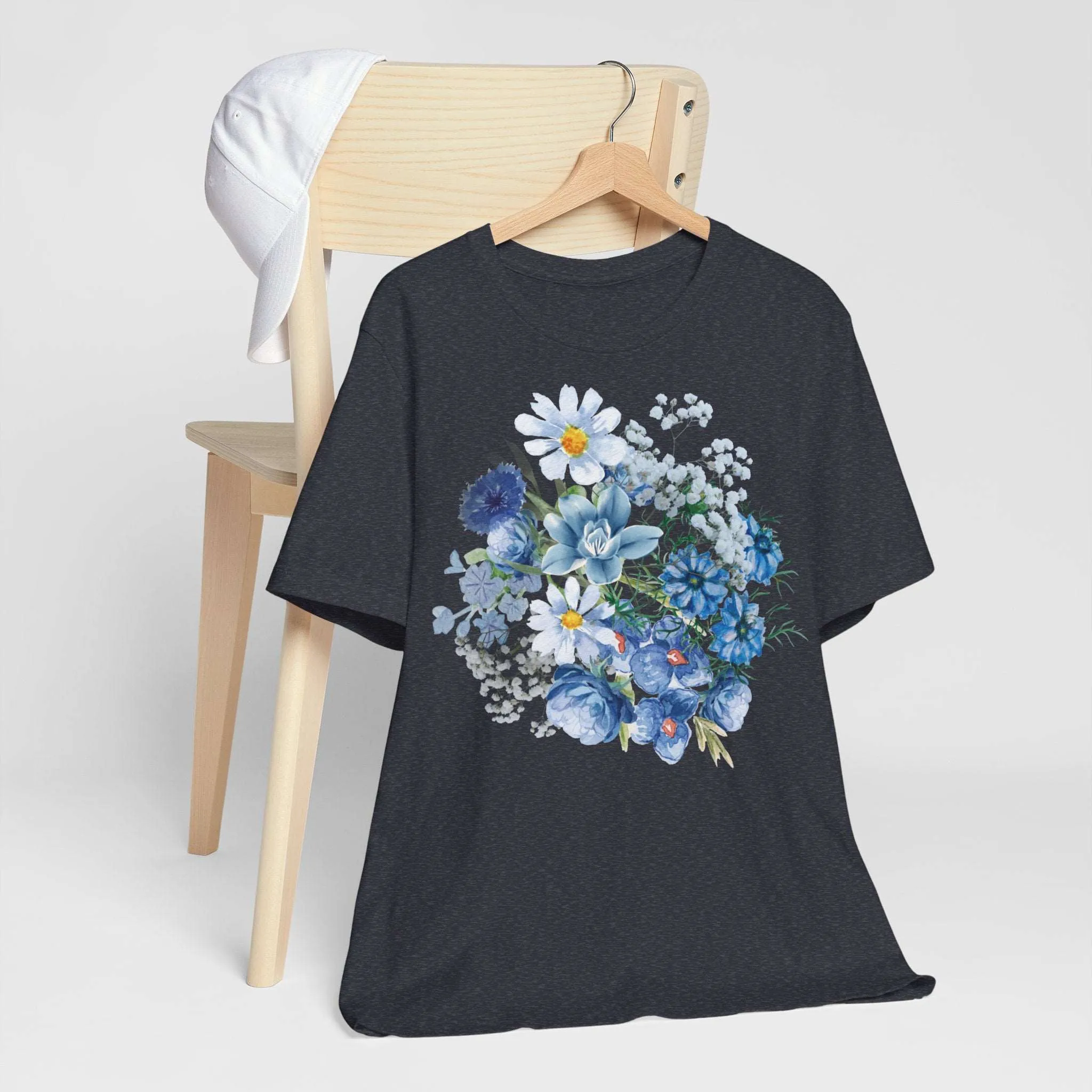 Unisex Vintage Gardening Style Blue Flower Jersey Short Sleeve Tee