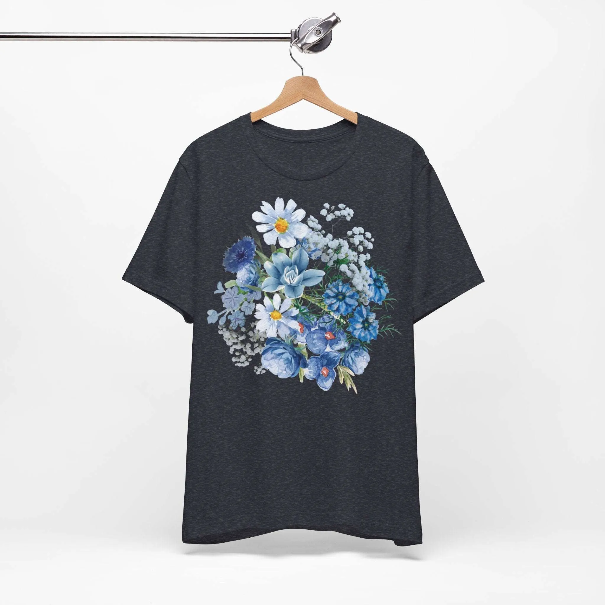 Unisex Vintage Gardening Style Blue Flower Jersey Short Sleeve Tee