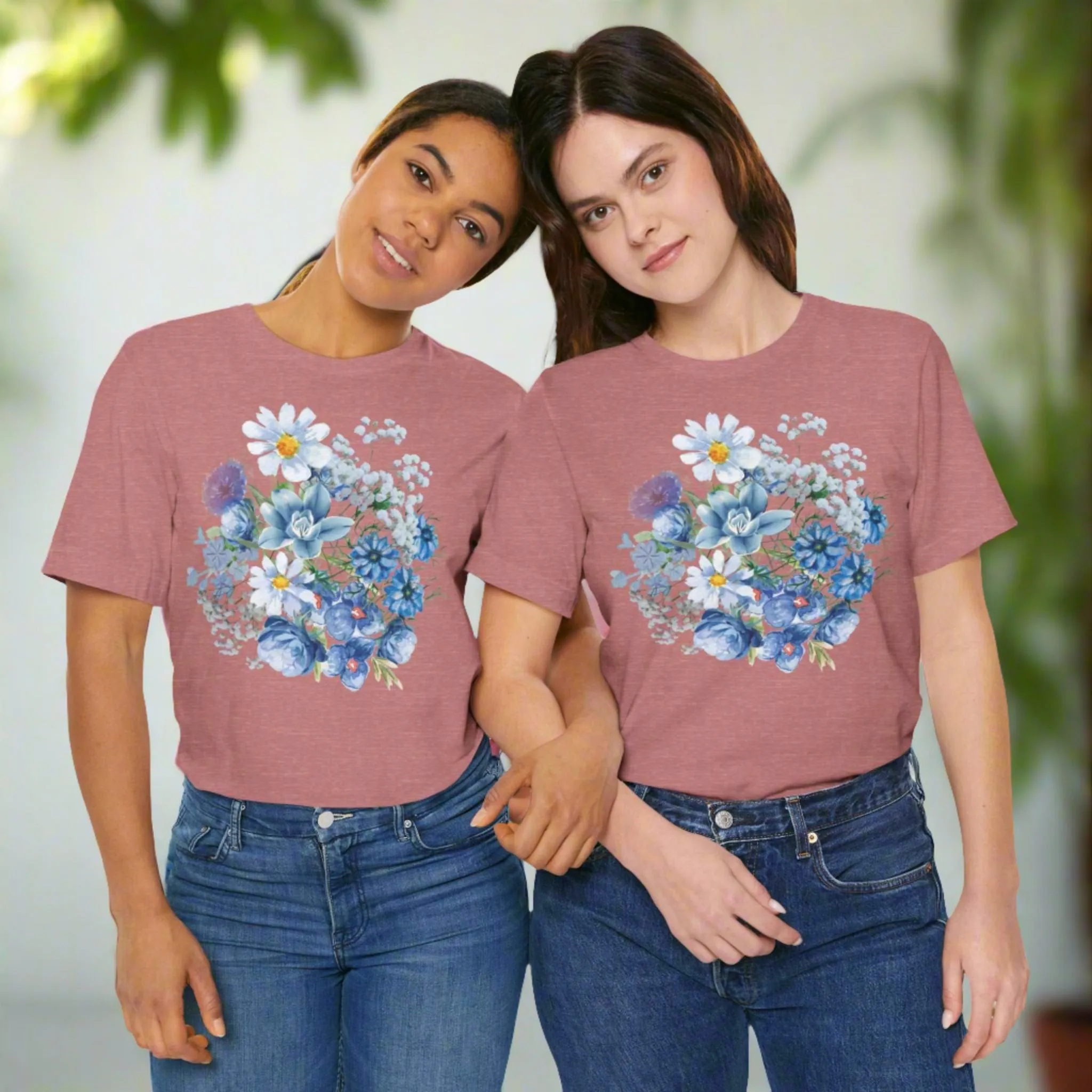 Unisex Vintage Gardening Style Blue Flower Jersey Short Sleeve Tee