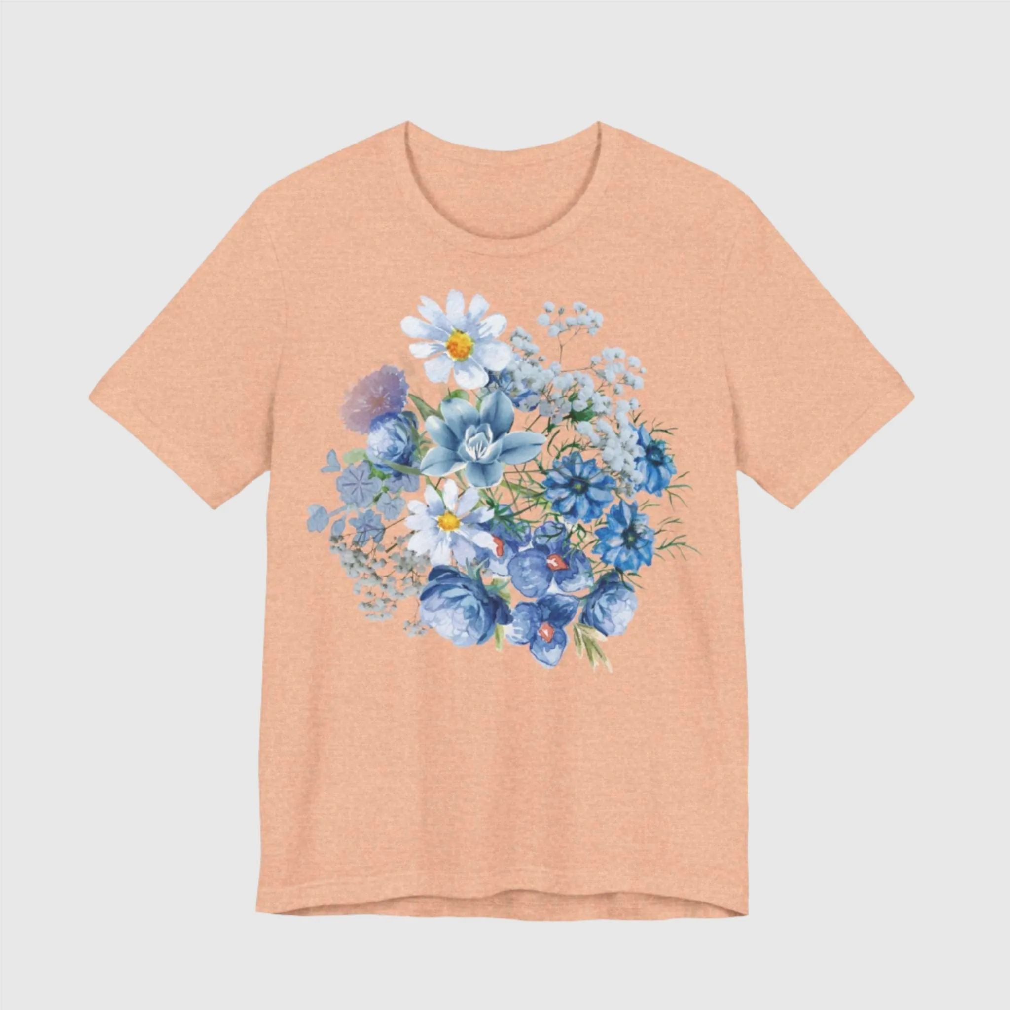 Unisex Vintage Gardening Style Blue Flower Jersey Short Sleeve Tee