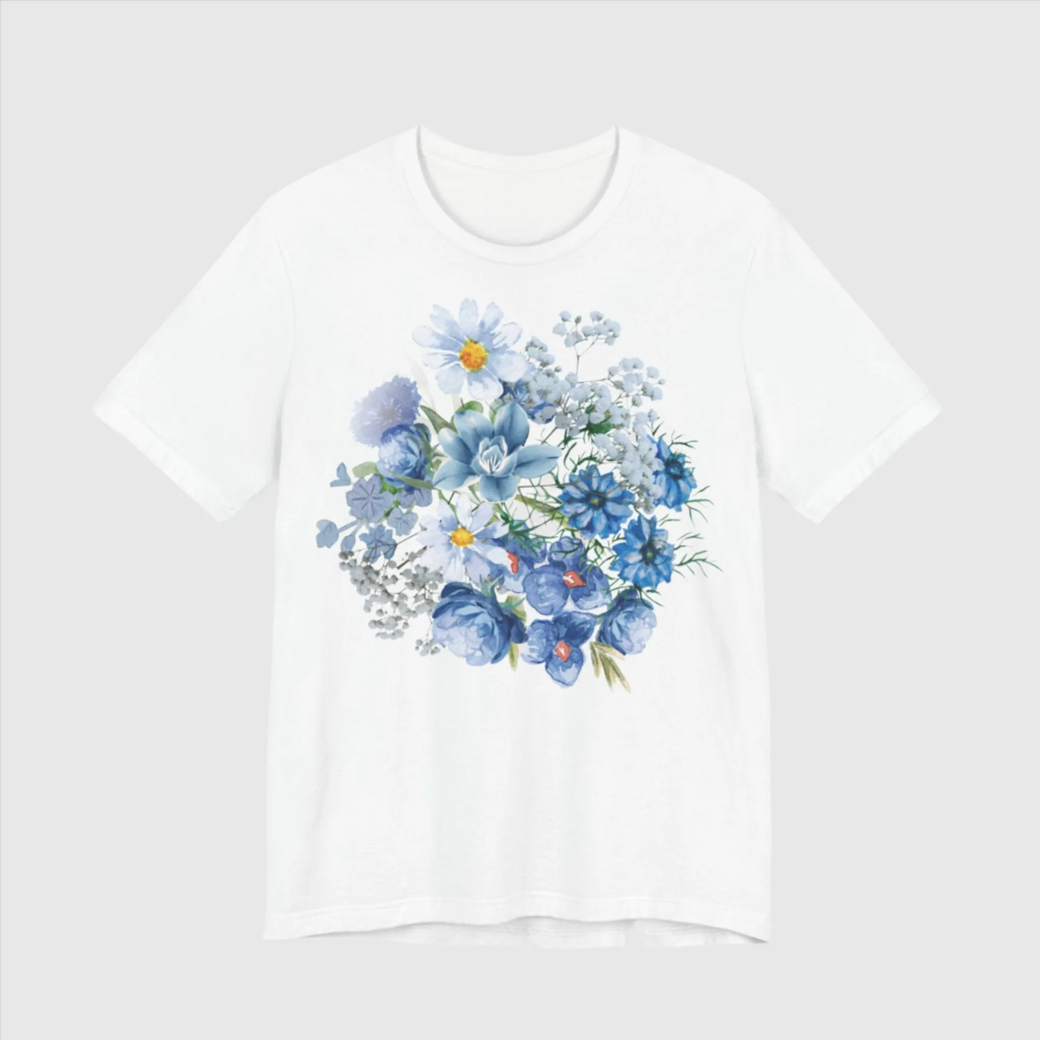 Unisex Vintage Gardening Style Blue Flower Jersey Short Sleeve Tee