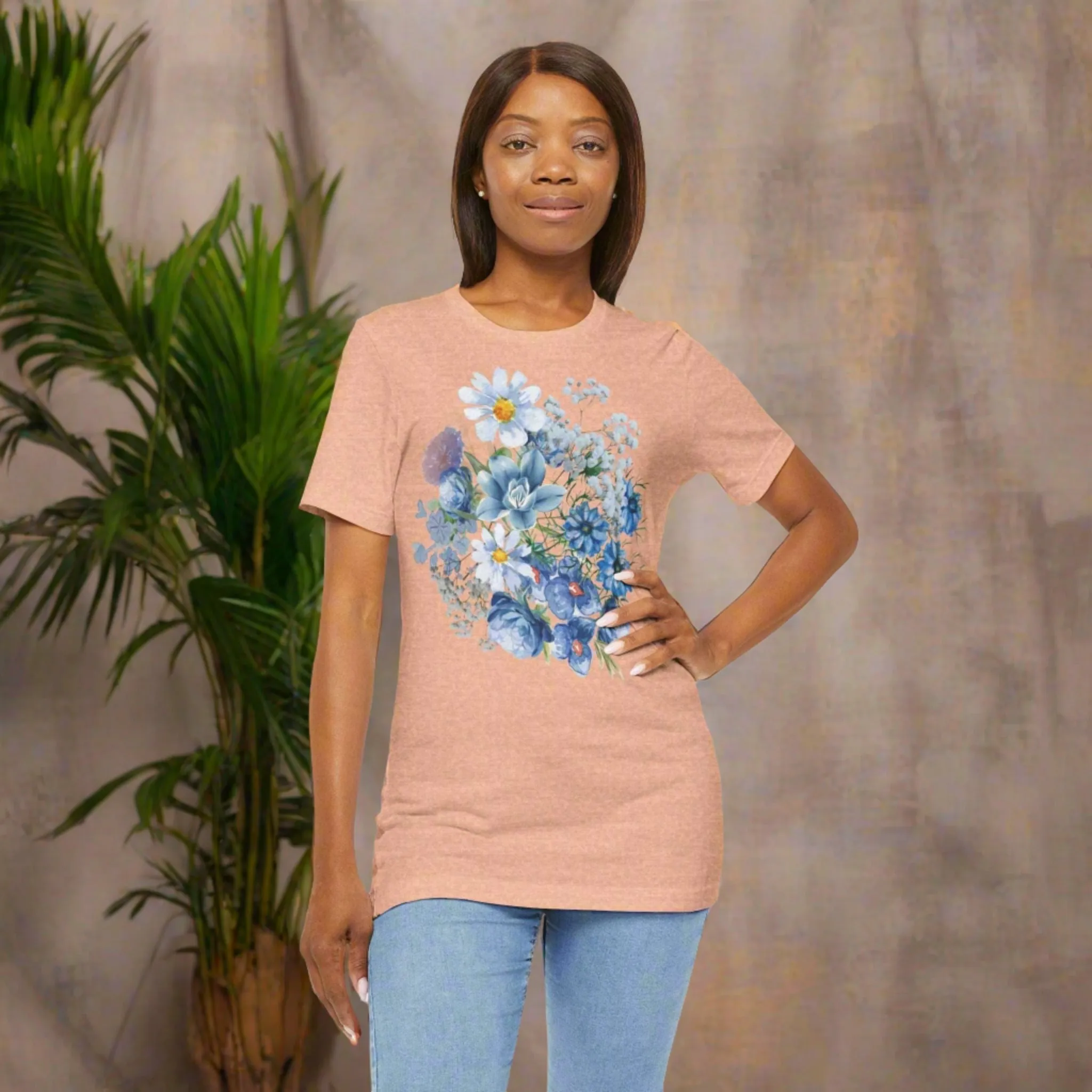 Unisex Vintage Gardening Style Blue Flower Jersey Short Sleeve Tee