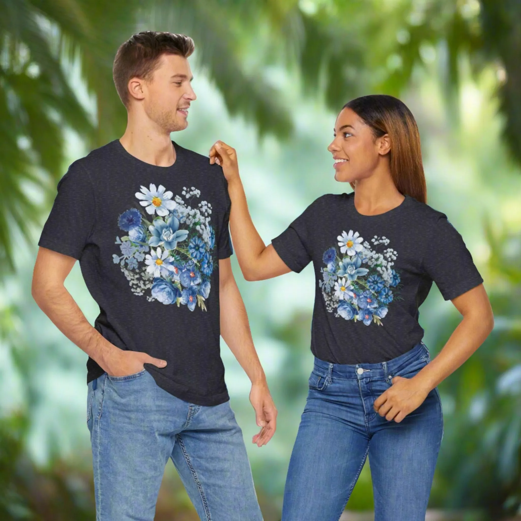 Unisex Vintage Gardening Style Blue Flower Jersey Short Sleeve Tee