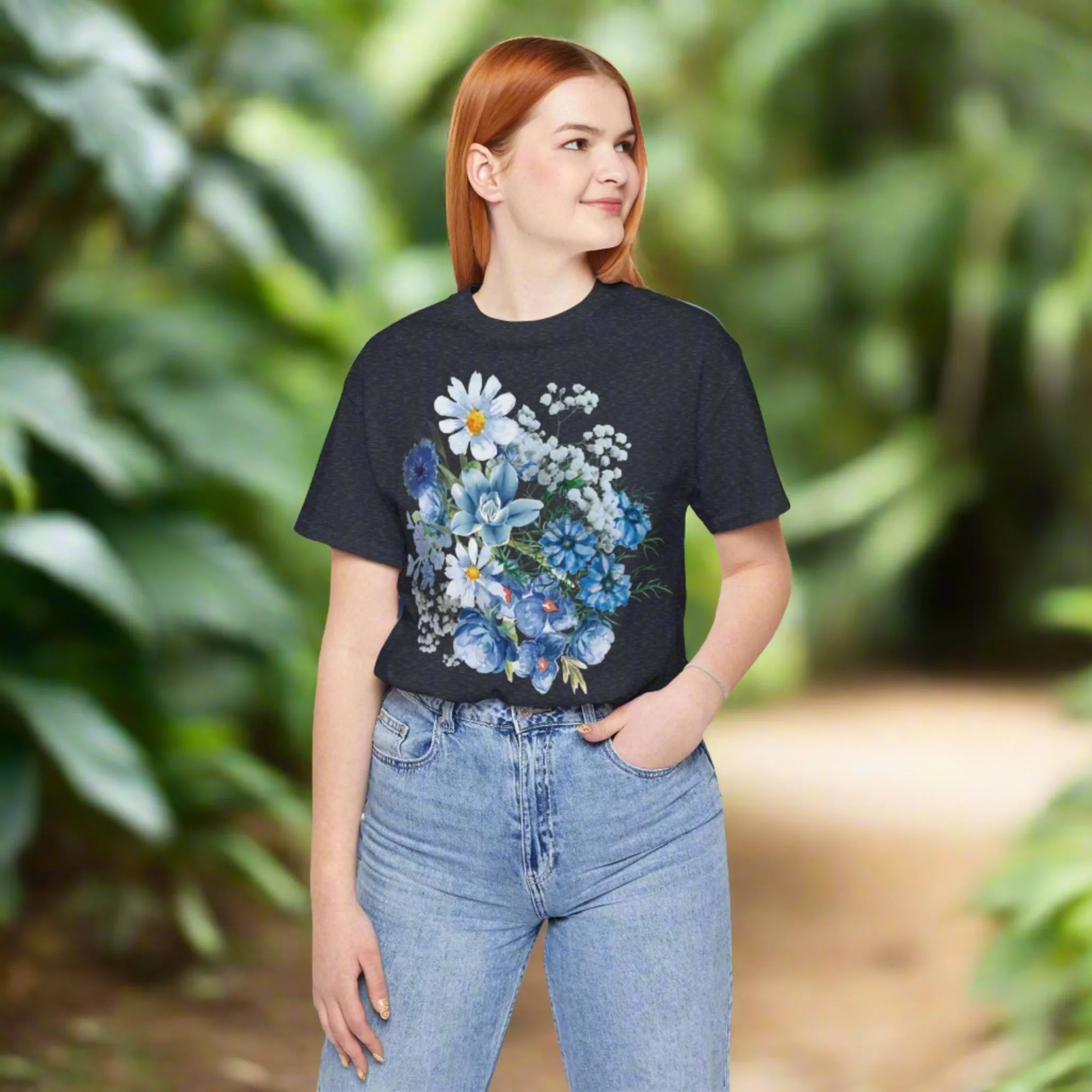 Unisex Vintage Gardening Style Blue Flower Jersey Short Sleeve Tee