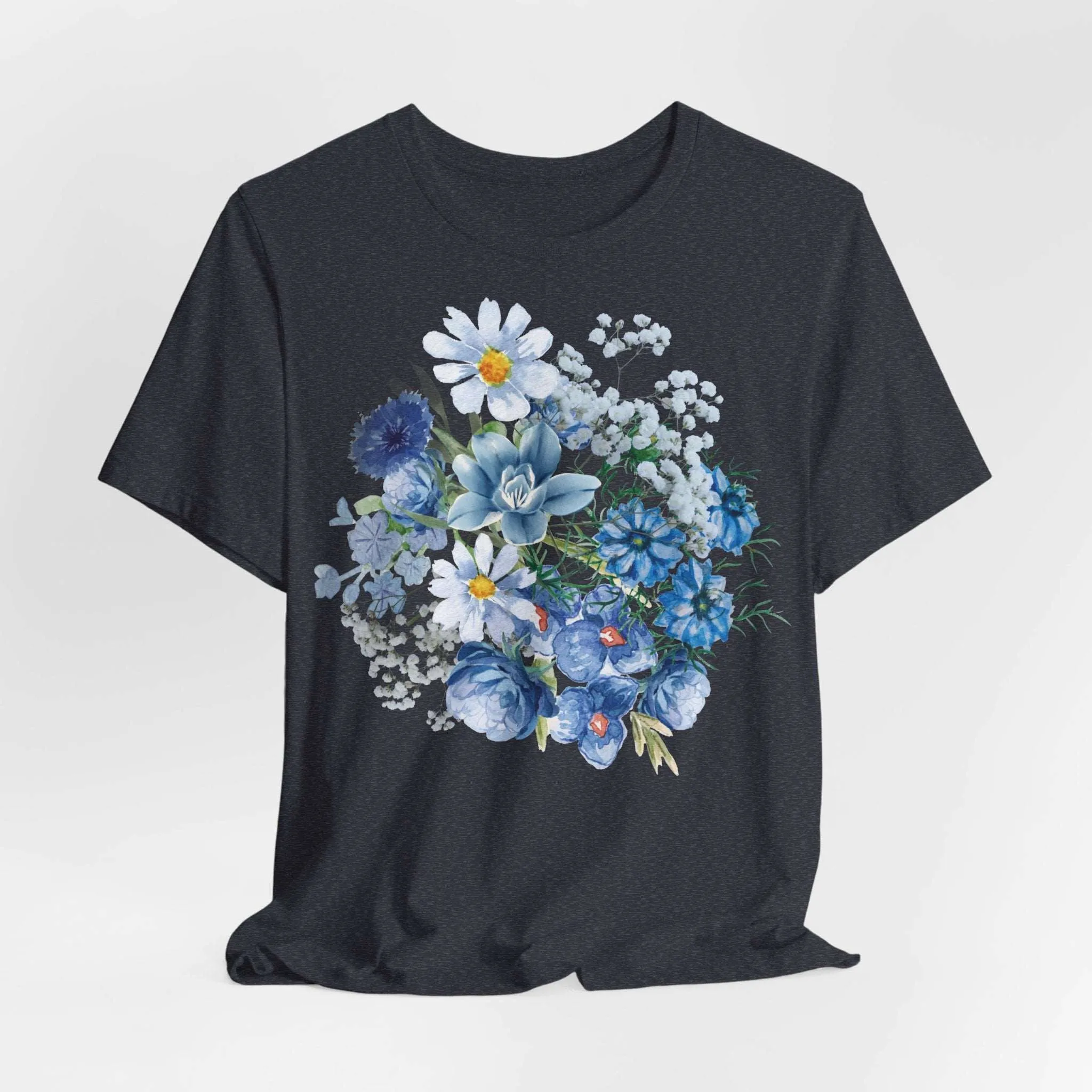 Unisex Vintage Gardening Style Blue Flower Jersey Short Sleeve Tee