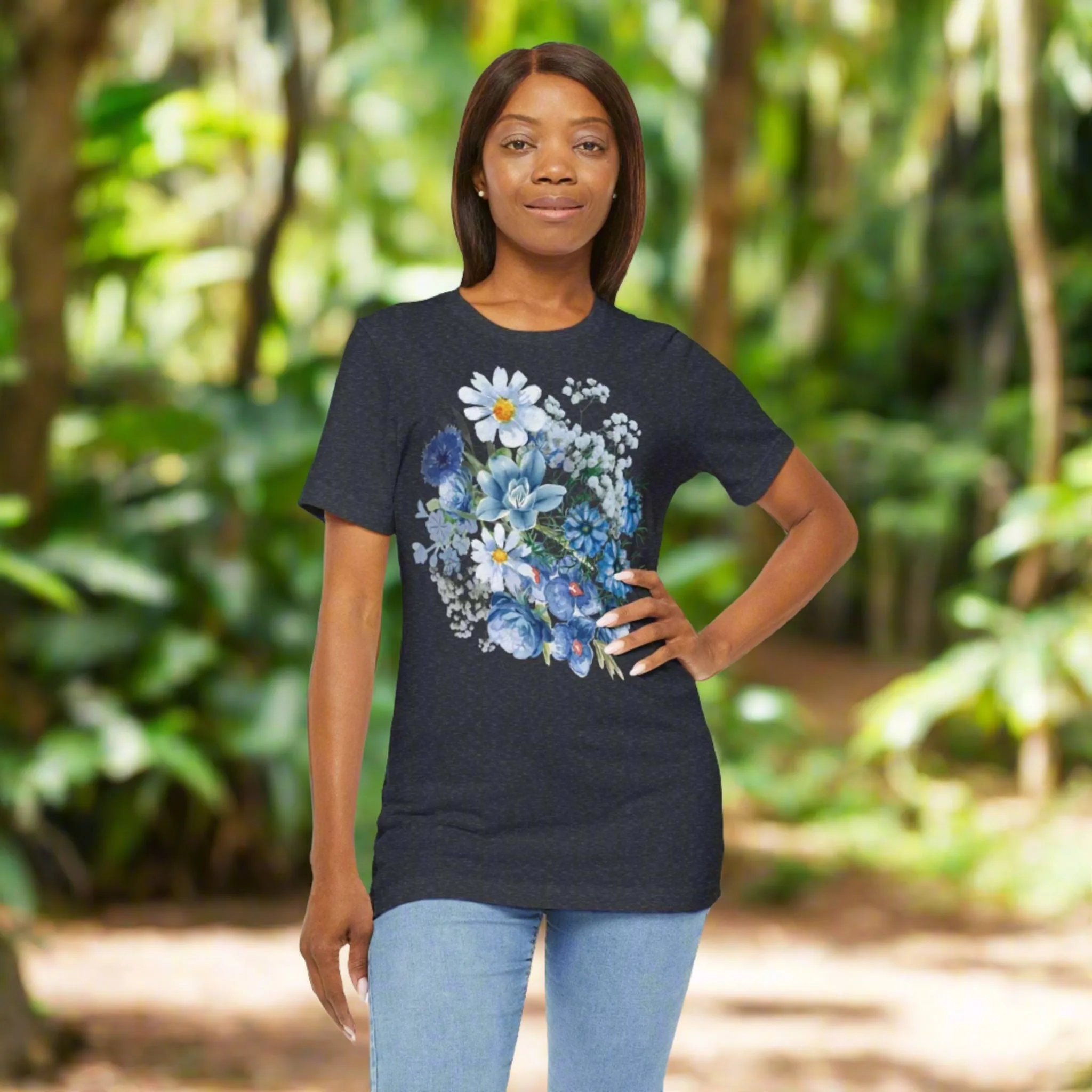 Unisex Vintage Gardening Style Blue Flower Jersey Short Sleeve Tee