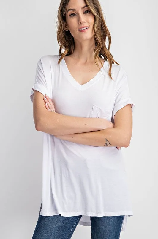 V NECK BASIC HIGH LOW HEM TOP